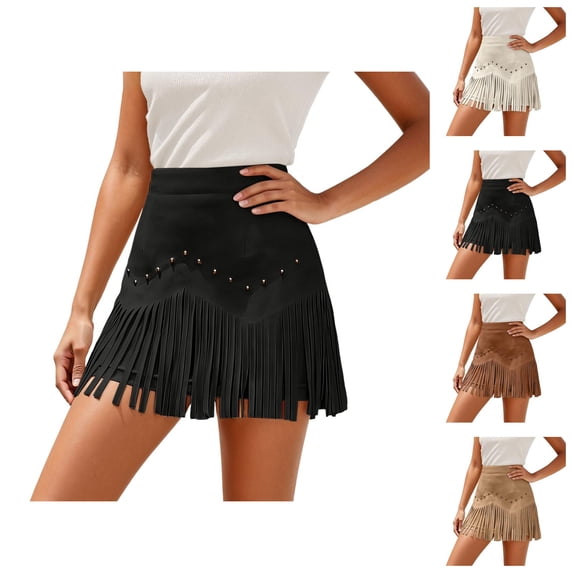 Faux Suede Fringe Skirt for Women Western Cowgirl High Waisted A Line Tassel Skirts Country Concert Outfits