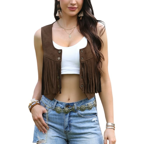 Faux Suede Fringe Vest for Women's Button Down 70S Vintage Sleeveless Cropped Tassel Waistcoat XS Brown