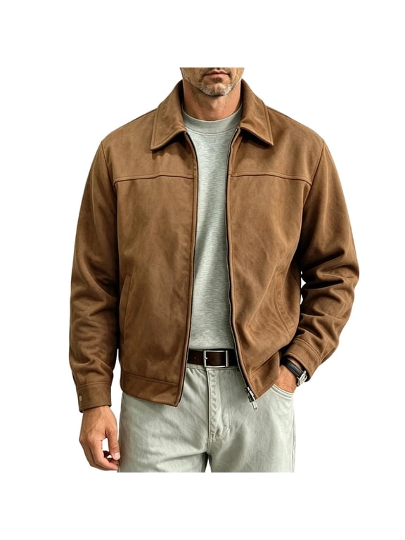 Faux Suede Jacket Men Zip Up Collared Long Sleeve Casual Fall Winter Business Coat with Side Pockets