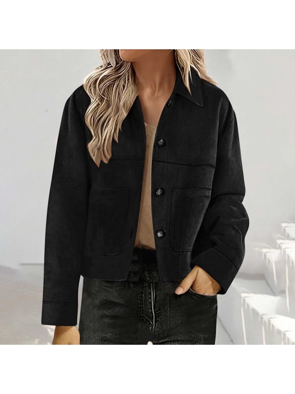 Faux Suede Jacket Women Cropped Button Down Lapel Collar Faux Leather Casual Fall Fashion Chic Blazer Outerwear Trendy Clothes,Black,M