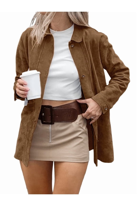 Faux Suede Jacket Women Fall Fashion Leather Jackets Long Sleeve Button Down Winter Coats Shackets Outerwear Brown L