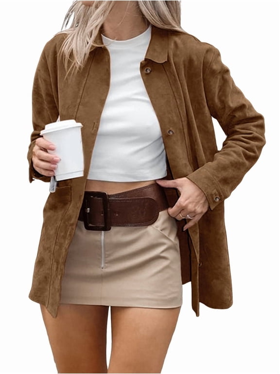 Faux Suede Jacket Women Fall Fashion Leather Jackets Long Sleeve Button Down Winter Coats Shackets Outerwear Brown L