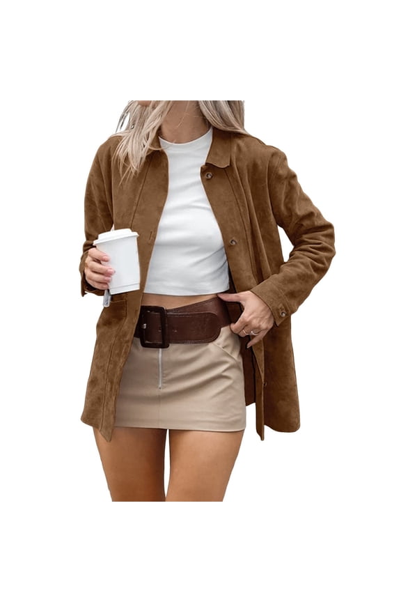 Faux Suede Jacket Women Fall Fashion Leather Jackets Long Sleeve Button Down Winter Coats Shackets Outerwear Brown M