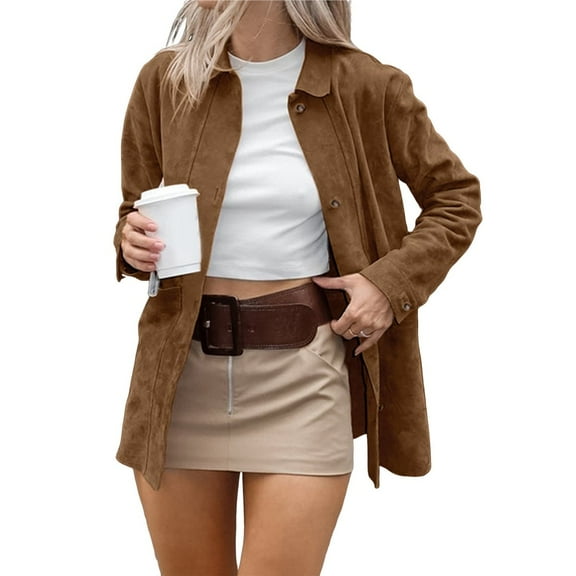 Faux Suede Jacket Women Fall Fashion Leather Jackets Long Sleeve Button Down Winter Coats Shackets Outerwear Brown S