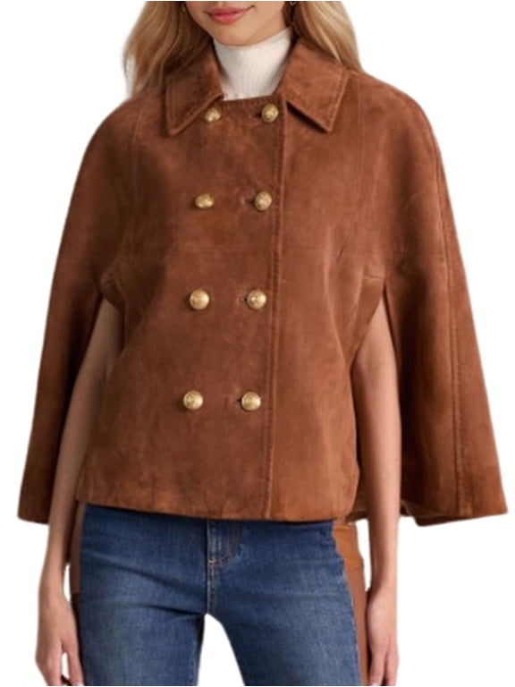 Faux Suede Jacket Women Fall Winter Casual Batwing Sleeve Double Breasted Cape Coat Cropped Jackets Dark Brown L