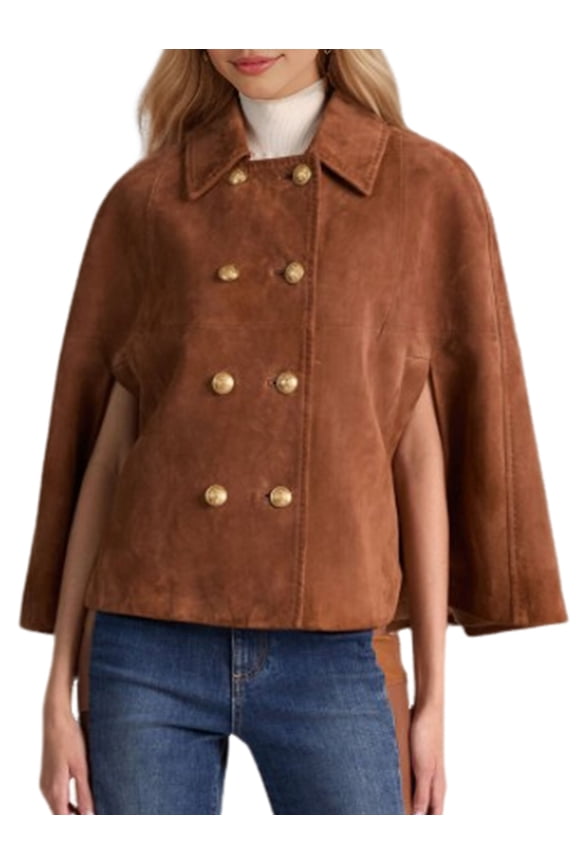 Faux Suede Jacket Women Fall Winter Casual Batwing Sleeve Double Breasted Cape Coat Cropped Jackets Dark Brown S