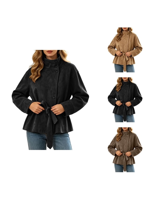 Suede Jacket Women Fall Winter Long Sleeve Heavyweight Button Down Stand Collar Belted Waist Tie Coat with Pockets