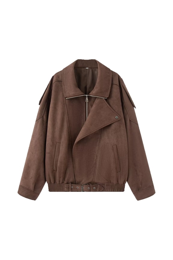 Faux Suede Jacket Women - Front Zip Bomber Jacket Lapel Fall Coat Casual Oversized Trendy Streetwear Outwear (S, Coffee)