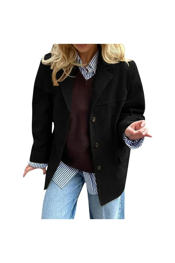 Faux Suede Jacket Women Oversized Single Breasted Top Long Sleeve Lapel Blazer Jackets Vintage Elegant Coats Patchwork Overcoat with Pocket Casual Comfy Daily Outerwear