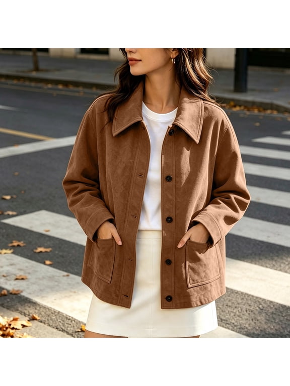 Faux Suede Jacket for Women Brown Collared Button Front Pockets Casual Fall Winter Coat