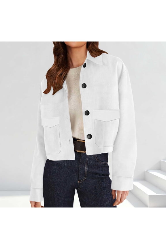 Faux Suede Jackets for Women Casual Button Cropped Coats Fall Long Sleeve Outerwear Work Office Clothes New Casual Jackets for Women White S
