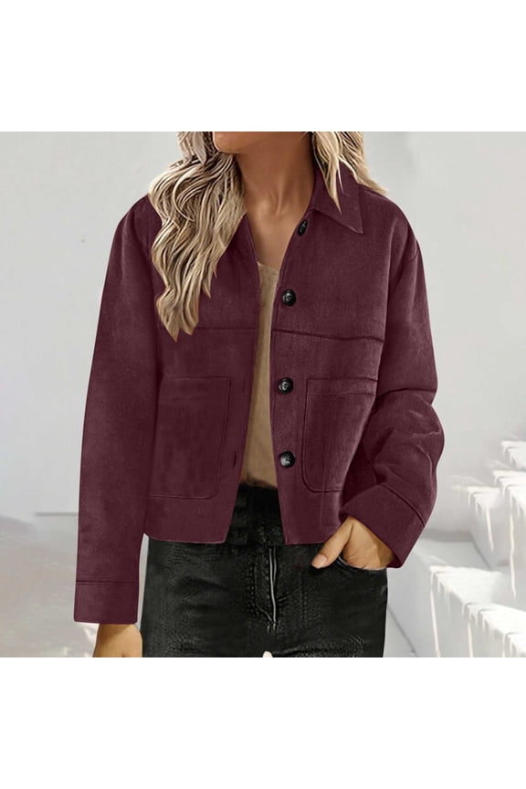 Faux Suede Jackets for Women Casual Button down Cropped Coats Fall Long Sleeve Outerwear Work Office Clothes New Purple S