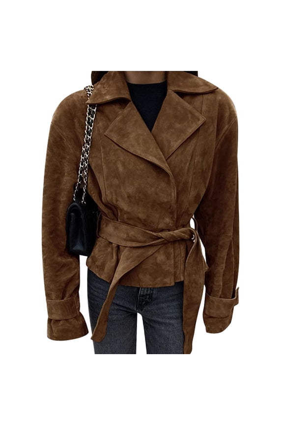 Faux Suede Leather Jacket Vintage Casual Cropped Wrap Coat with Belt Brown L