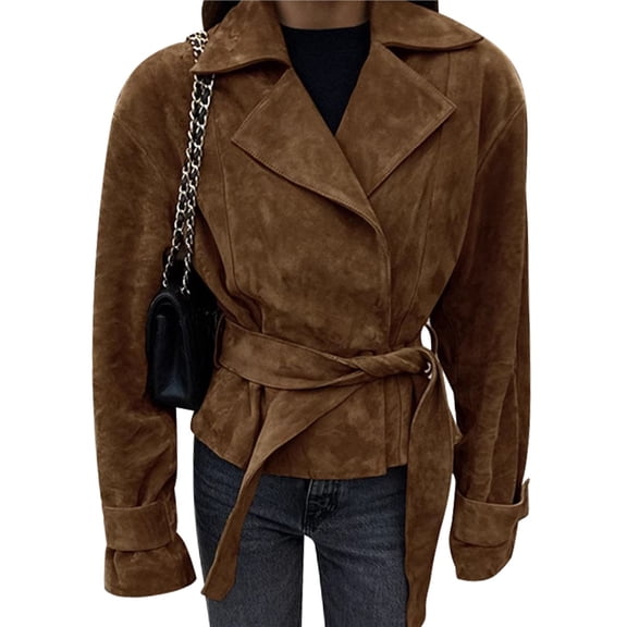 Faux Suede Leather Jacket Vintage Casual Cropped Wrap Coat with Belt Brown S
