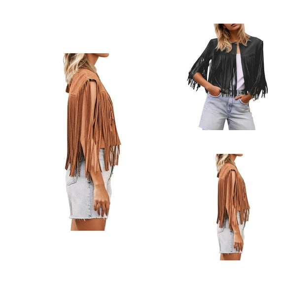 Suede Leather Jackets for Women 2025 Sleeveless Fringe Cropped Jacket Tassel Motorcycle Crop Coats