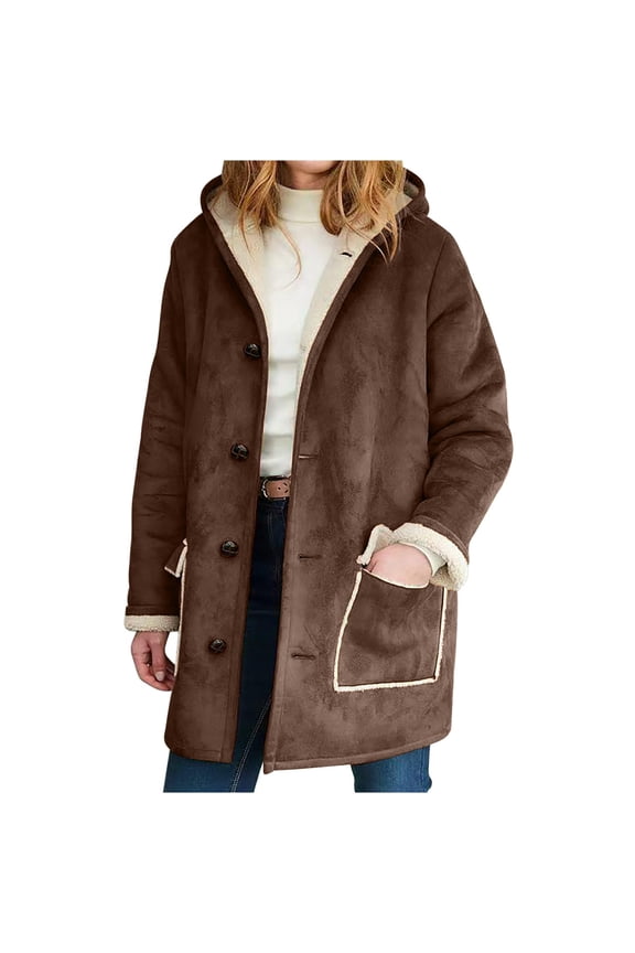 Faux Suede Long Jacket for Women Vintage Fur Leather Coat Fleece Sherpa Lined Winter Warm Button Down Outwear