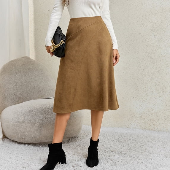 Faux Suede Midi Skirt for Women Vintage High Waisted A-Line Trendy Fall Winter Business Causal Skirts L