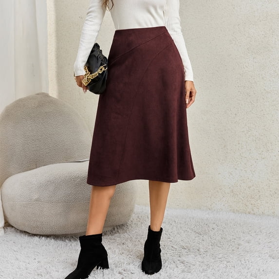 Faux Suede Midi Skirt for Women Vintage High Waisted A-Line Trendy Fall Winter Business Causal Skirts M