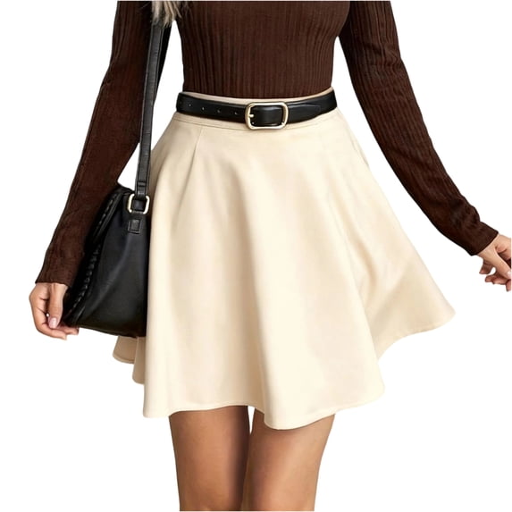 Faux Suede Mini Skirt for Women A Line Skater Belt Tie High Waist Flared Skirts women's skirt
