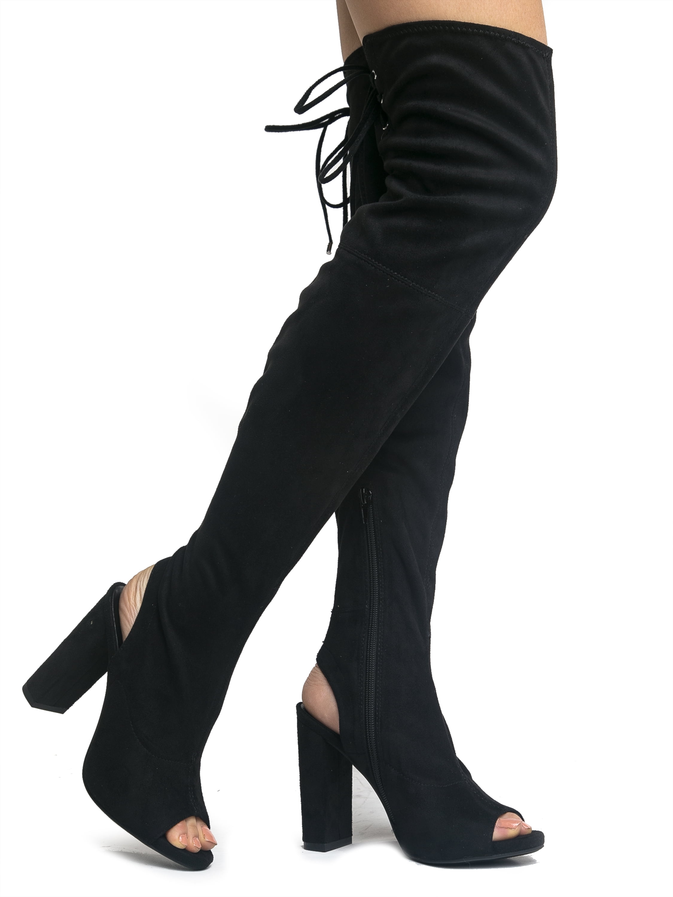 Faux Suede Peep Toe Thigh High Zipper Closure Lace Up Chunky High Heel Over The Knee Boot 7 Walmart