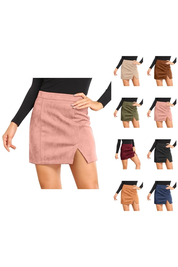Suede Pencil Skirt for Women High Waisted Zip Back Slit Bodycon Mini Skirt