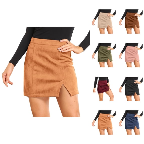 Suede Pencil Skirt for Women High Waisted Zip Back Slit Bodycon Mini Skirt
