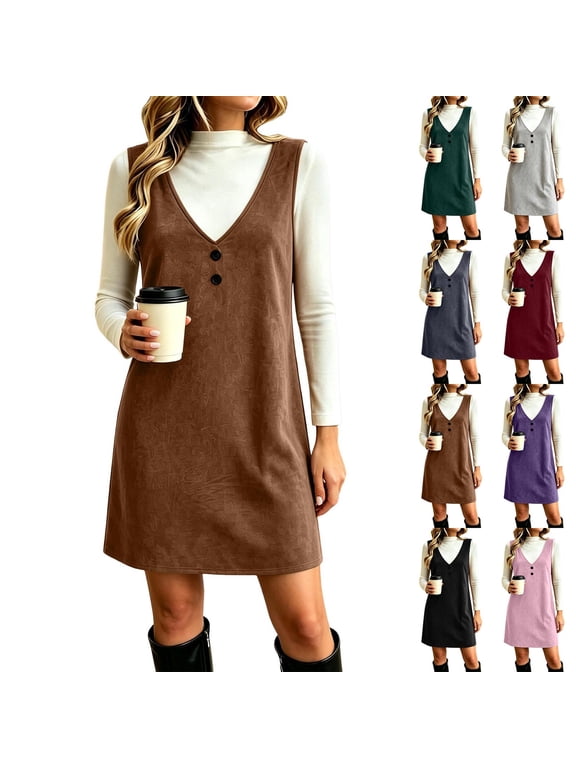 Faux Suede Pinafore Dress for Women, Fall V-Neck Sleeveless Button Decor Relaxed Stylish Cute Mini Overall Dresses, S-XXL