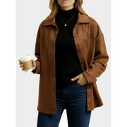 SPRINMER Faux Suede Shirts for Women Long Sleeve Casual Button Down Shirt Top Brown