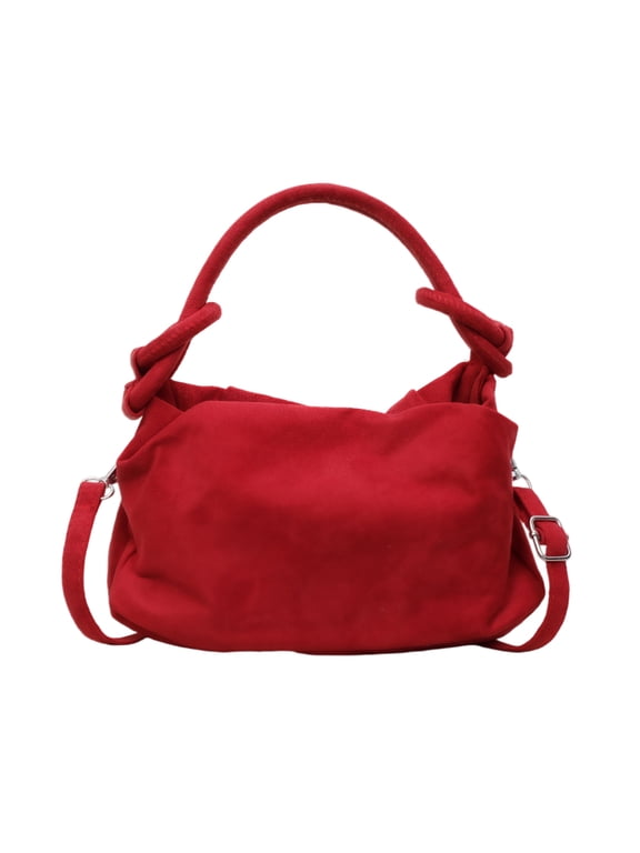 Faux Suede Simple Crossbody Bag With Adjustable Strap Pleated Cloud Handbag Trendy Shoulder Crossbody Purse For Daily Commute & Casual Use (Red)