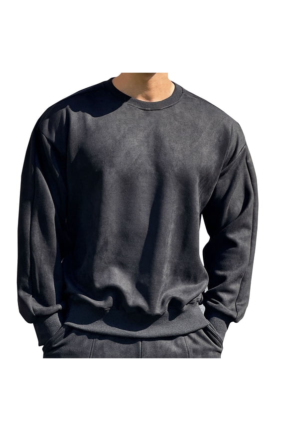 Faux Suede Sweatshirt for Men, Crew Neck Long Sleeve Regular Fit Pullover Soft Casual Tops Soild Color Jumper Lightweight Fall Winter Basic Tops