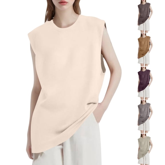 Faux Suede Tank Tops for Women Summer Oversized T-Shirt Sleeveless Casual Crew Neck Loose Workout Tunic Bouses