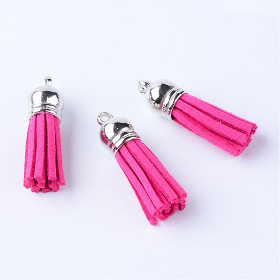 Suede Tassel Pendant Decorations with CCB Plastic Cord Ends Platinum Camellia 35~37x10mm Hole: 1.8mm