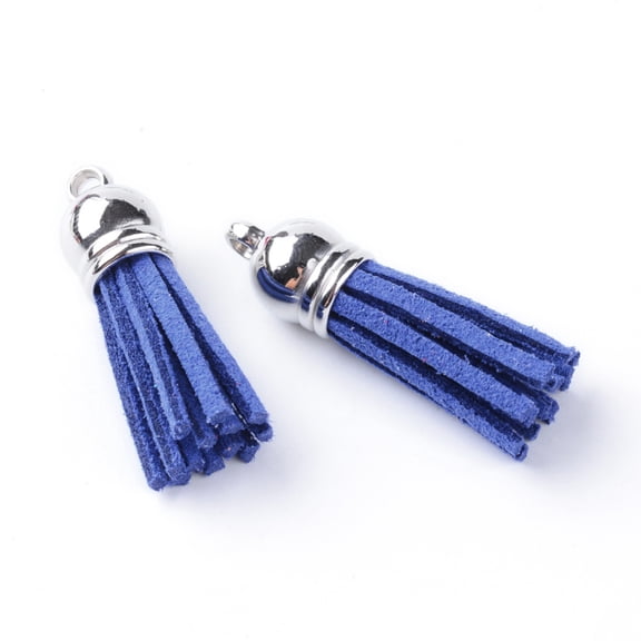 Faux Suede Tassel Pendant Decorations with CCB Plastic Cord Ends Platinum Medium Blue 35~37x10mm Hole: 1.8mm