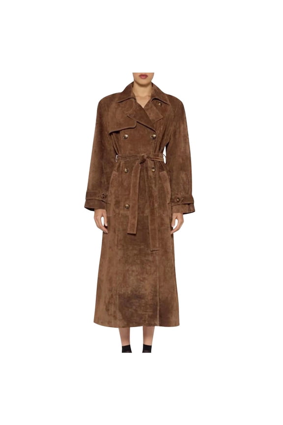 Faux Suede Trench Coat for Women Ankle-Length Overcoat Tweed Coat Casual Long Suede Leather Jacket Pea Coat with Belt Notched Lapel Double Breasted Loose Brown M