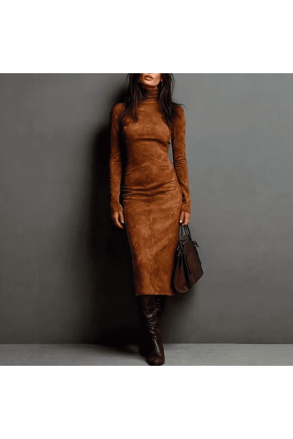 Faux Suede Turtleneck Maxi Dress Long Sleeve Slim Bodycon Dress with Vertical Panel Stitching