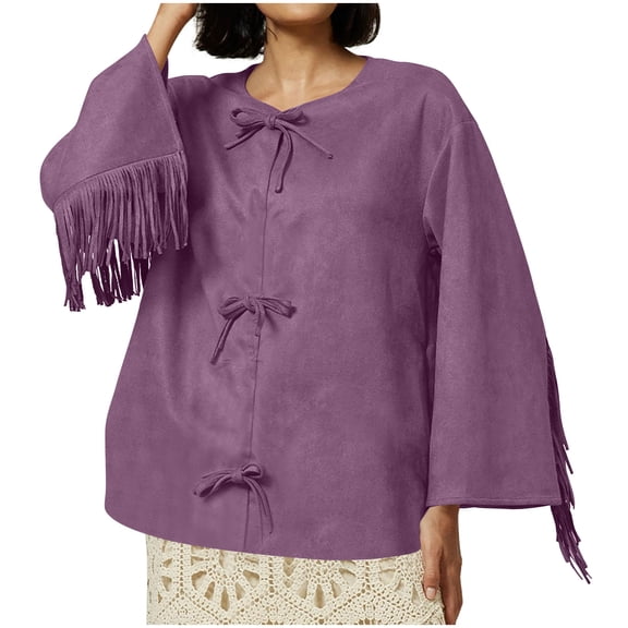 Faux Suede Vintage Fringed Ponchos for Women Bow Lace Up Crew Neck Western Pullover Cape Fashion Fall Clothes