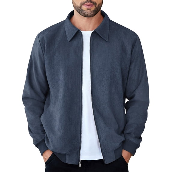 Faux Suede Zip Bomber Jacket Men Turn‑Down Collar Side Pockets Classic Casual Coat for Fall Winter Business Casual Daily Wear