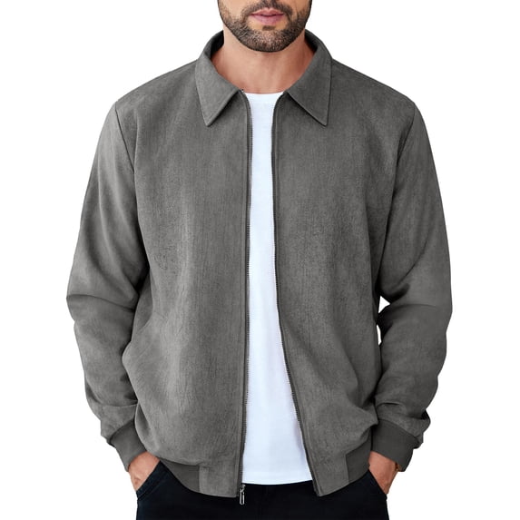 Faux Suede Zip Bomber Jacket Men Turn‑Down Collar Side Pockets Classic Casual Coat for Fall Winter Business Casual Daily Wear