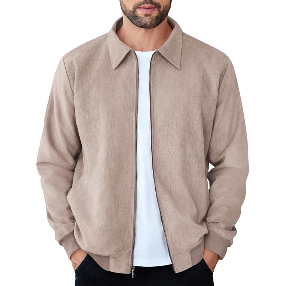 Faux Suede Zip Bomber Jacket Men Turn‑Down Collar Side Pockets Classic Casual Coat for Fall Winter Business Casual Daily Wear