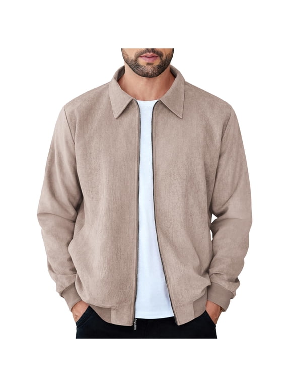 Faux Suede Zip Bomber Jacket Men Turn‑Down Collar Side Pockets Classic Casual Coat for Fall Winter Business Casual Daily Wear