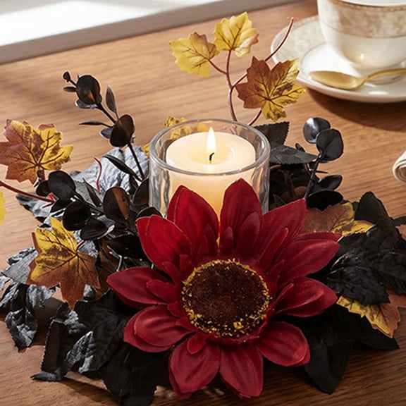 Faux Sunflower Candle Ring Wreath, Black Artificial Leaf Pillar Candle Garland, Autumn Floral Table Decor, Dark Harvest Candle Arrangement, Decorative Floral Ring for Dinner Table, Holiday Decor