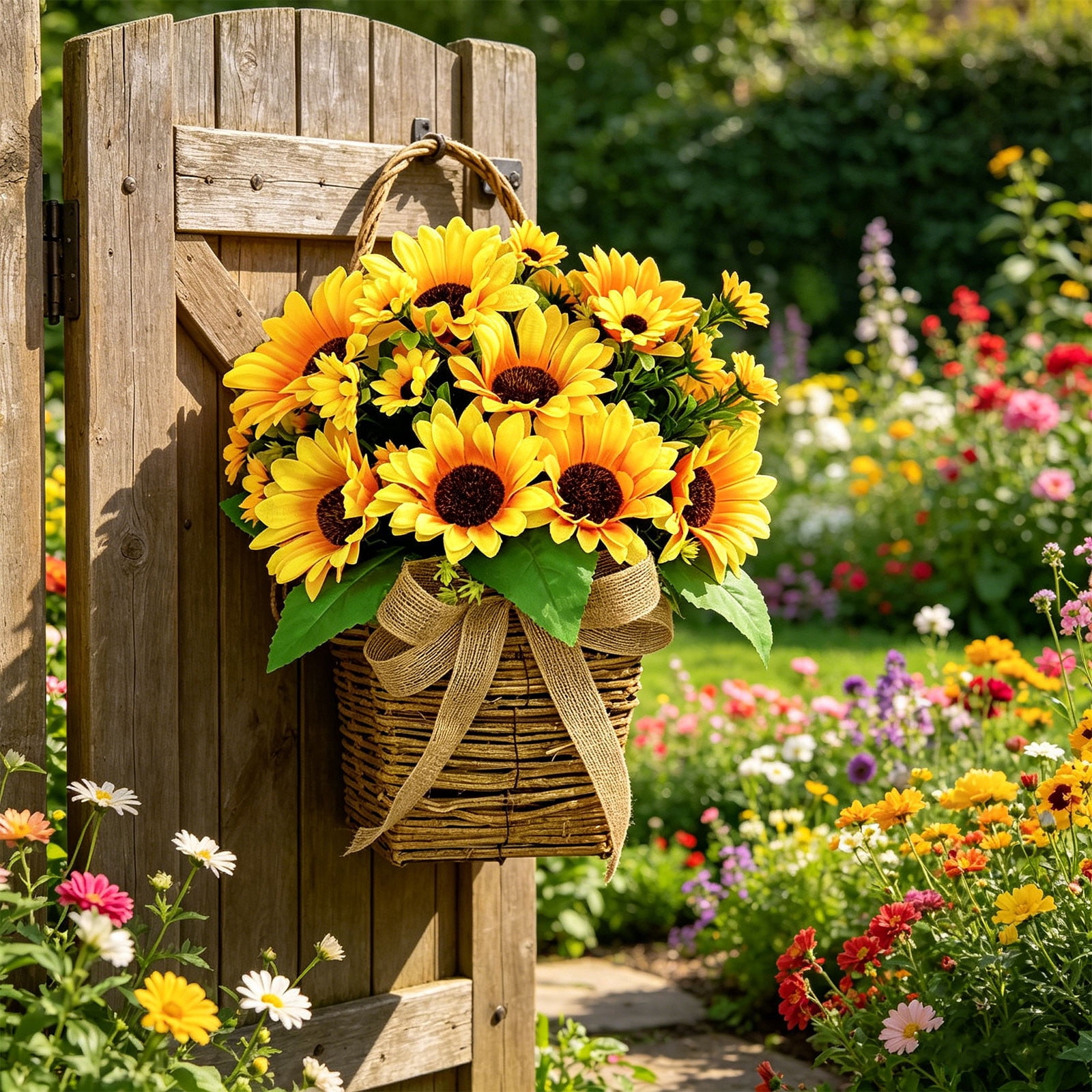 Faux Sunflower Wreath Hanging Basket Artificial Wildflower Floral ...