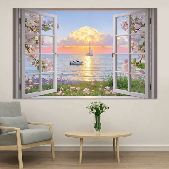 Faux Sunset Ocean View Window Wall Sticker, Flower Landscape Peel and Stick Wall Decal, Removable Self Adhesive Window Mural Wallpaper Sticker for Bedroom, Living Room, Home Decor, 39x20″
