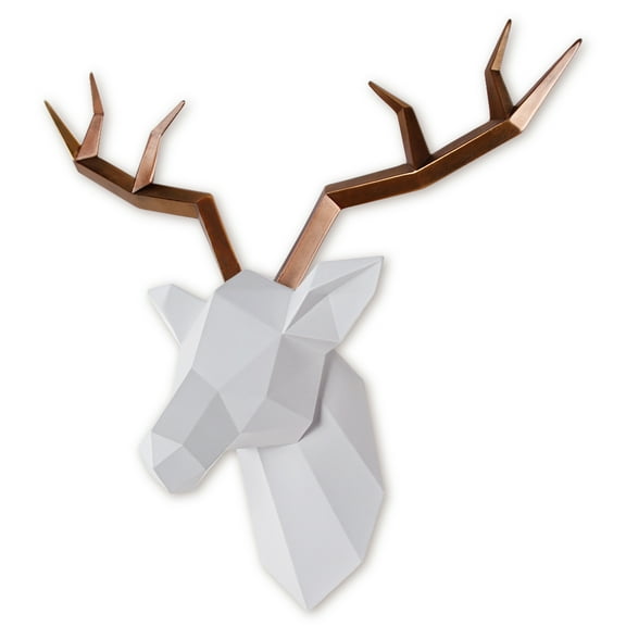 Faux Taxidermy White Animal Deer Head Wall Decor-Gold Deer Antlers Statue 14 x11 inches
