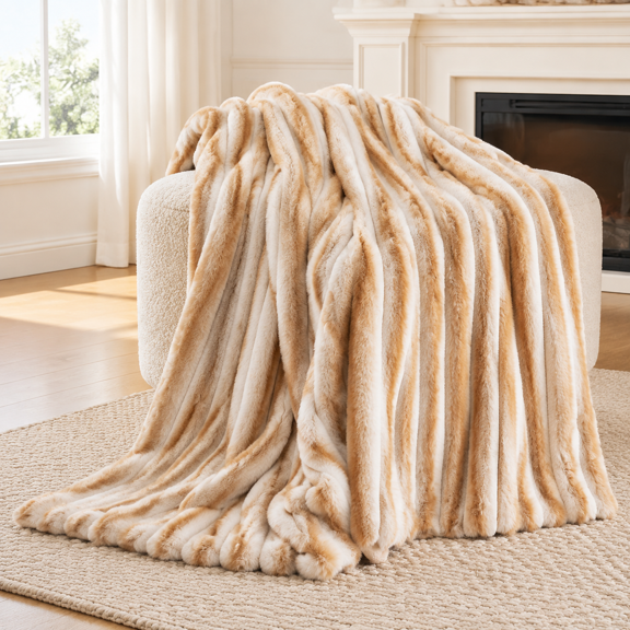 Faux Throw Blanket For Couch Warm Plush Striped Sofa Bedroom Living Room 50 * 60 Inches Khaki
