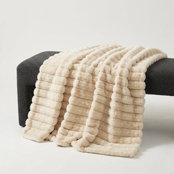 Faux Throw Blanket For Couch Warm Plush Striped Sofa Bedroom Living Room 60 * 80 Inches Beige