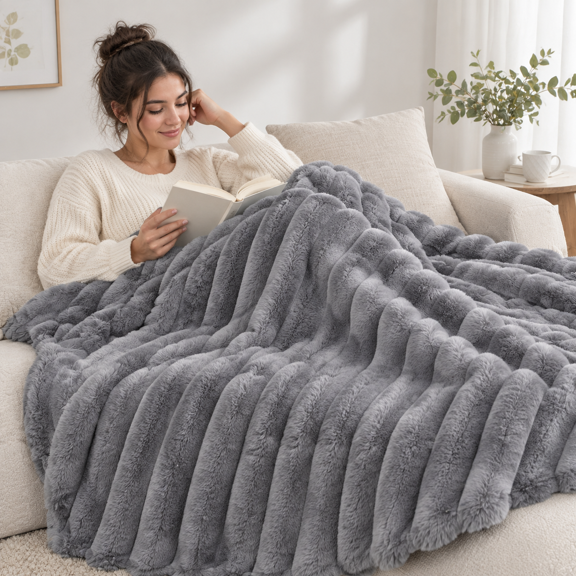 Faux Throw Blanket For Couch Warm Plush Striped Sofa Bedroom Living Room 60 * 80 Inches Gray