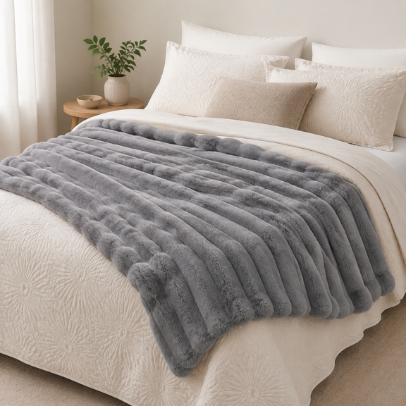 Faux Throw Blanket For Couch Warm Plush Striped Sofa Bedroom Living Room 60 * 80 Inches Gray