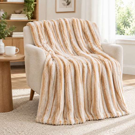 Faux Throw Blanket For Couch Warm Plush Striped Sofa Bedroom Living Room 60 * 80 Inches Khaki