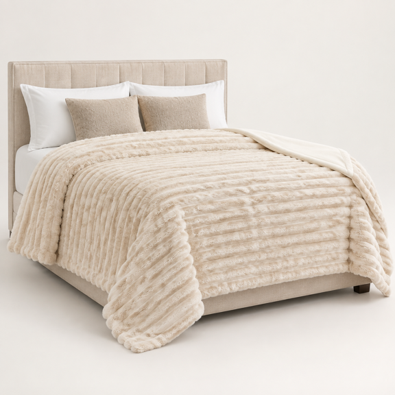 Faux Throw Blanket For Couch Warm Plush Striped Sofa Bedroom Living Room 90 * 90 Inches Beige